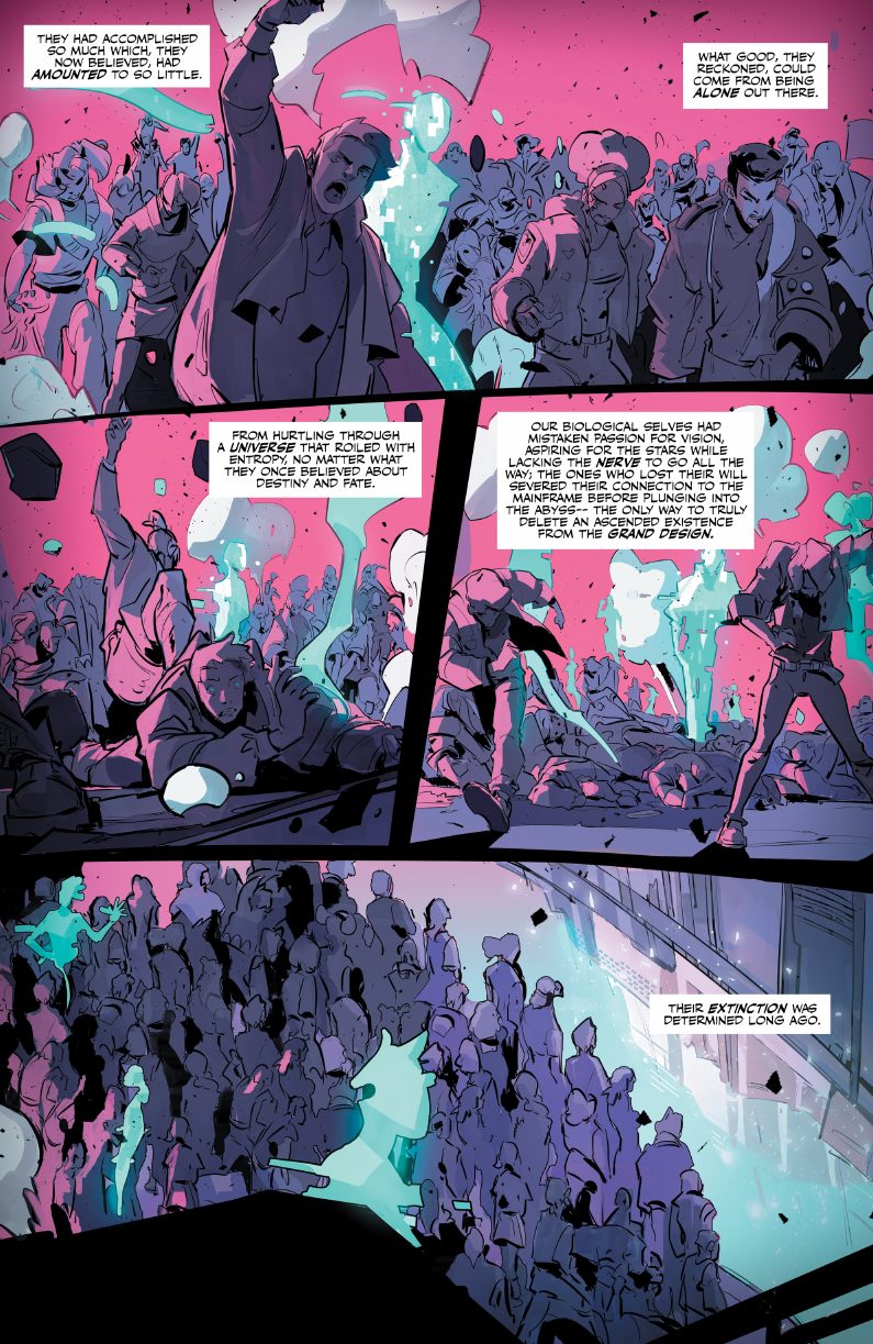 AEON interior panel — humanity in chaos, rendered in violet and magenta.