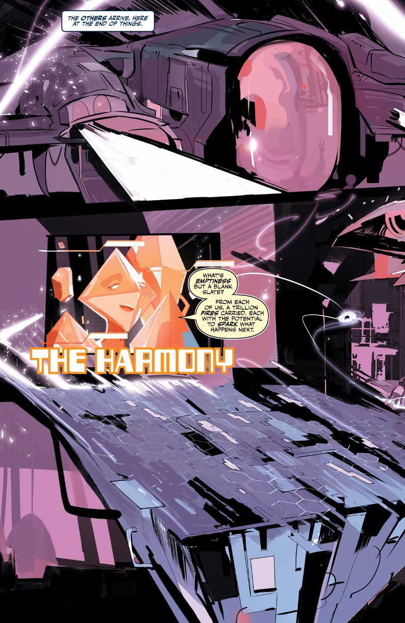 AEON interior panel — The Harmony, a crystalline hive species inside a technological chamber.