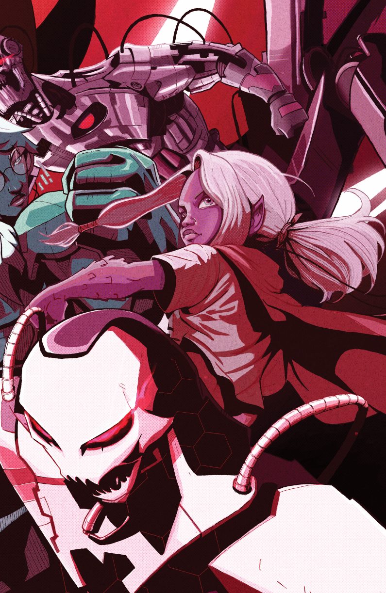 AEON interior spread — the Reds faction in a tense cinematic standoff rendered in crimson and black.